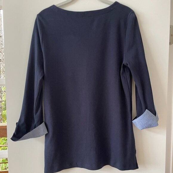 Nautica Navy Top with Chambray cuffed Sleeves, 3/4 Length, Size M,72790K, NWT - Picture 2 of 10
